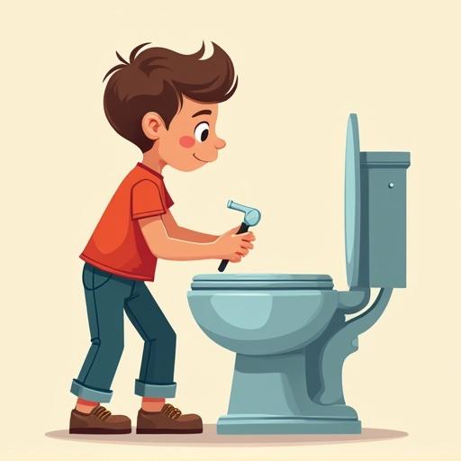 Create a cartoon style image showing a boy pressing the toilet lever to flush it. The boy looks happy and engaged. Fun and humorous style should be used.
