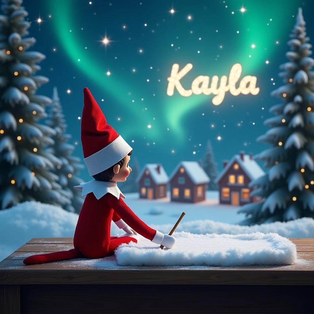 A charming Elf on the Shelf is sitting at a wooden table, writing names on a fluffy white cloth. The elf is dressed in a classic red outfit with a white collar and a pointy red hat, exuding a cheerful demeanor. Soft snowflakes are falling around, creating a whimsical winter atmosphere. The background is a deep blue, enhancing the festive mood. Sparks of fairy lights and stars can be seen in the air, adding a touch of magic to the scene. An enchanting scene featuring the elf, who is facing the sky, using a wand to write 'Kayla' in the clouds. Snow-covered trees frame the scene, and a cozy village is visible in the distance. The ambiance is filled with holiday joy and wonder, perfect for a children's Christmas theme.