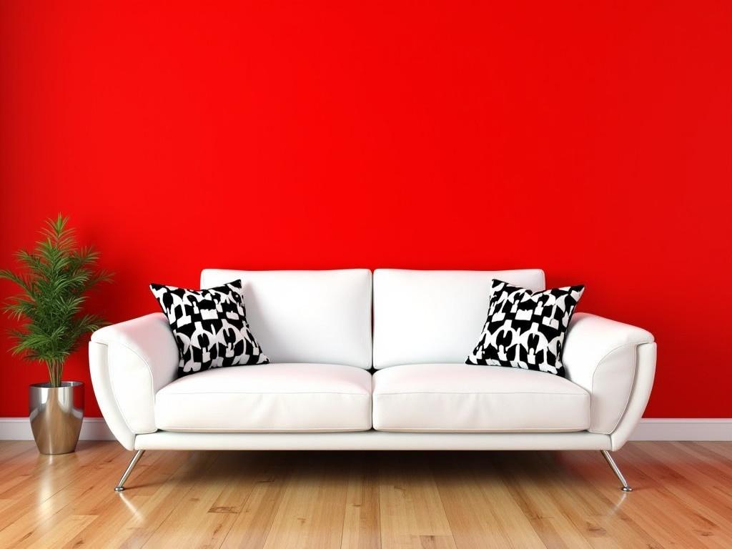 Interior design featuring a modern white couch positioned against a vibrant red wall background. The couch is sleek with distinctive lines and minimalistic design, showcasing stylish black and white patterned cushions that add contrast. A small, decorative plant in a metallic pot is placed next to the couch, adding a touch of greenery to the scene. The floor is wooden, complementing the bright colors of the wall and furniture. The overall atmosphere is contemporary and inviting, perfect for a stylish living space.