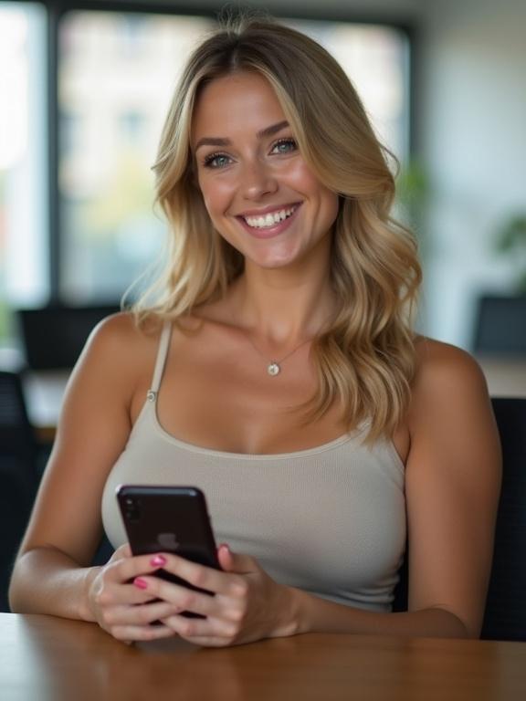 Photo of a woman in a tank top at an office meeting. She is seated at a table holding a smartphone. The setting is modern and well-lit. Her hair is styled in loose waves. The tone of the image reflects professionalism and confidence.