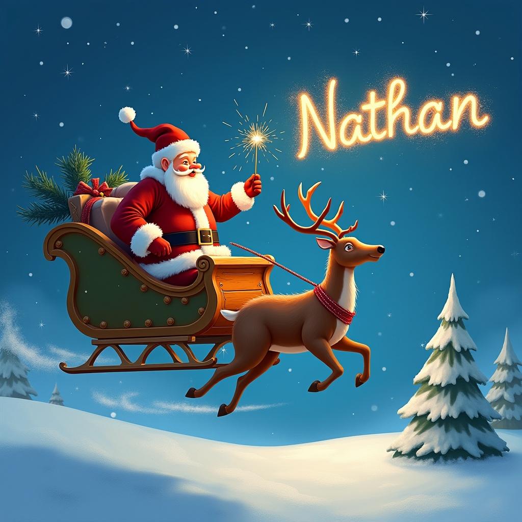 Santa Claus in a red outfit flies in a sleigh pulled by a reindeer over a snowy landscape. He writes the name Nathan in the sky with a sparkler.