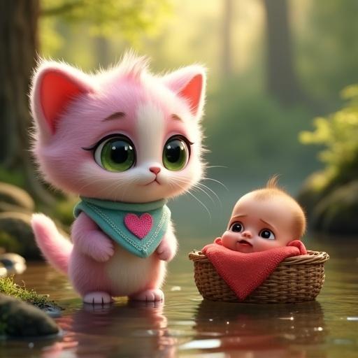 A fluffy anthropomorphic kitten with pastel pink and lavender fur stands beside a gentle forest stream at dawn. It has large expressive green eyes, a creamy white belly, soft rounded features, and tiny paws. The kitten wears a light blue bandana with a stitched pink heart. A woven basket containing a realistic baby floats nearby, the baby looks fragile and emotional, softly crying. The scene is surrounded by morning mist and golden sunlight, with mossy rocks and rich greenery in the background.