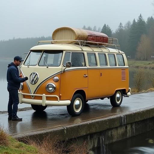 A tan Volkswagen van is parked on a hydroelectric dam. A man in a cap is waxing the van while another lad with a hat stands nearby. The backdrop consists of green trees and a cloudy sky.