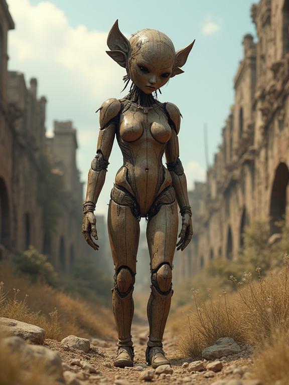 Image of a wooden humanoid figure in a post-apocalyptic environment. Figure made of aged timber stands among ruins. Displayed as 3D art with detailed textures.