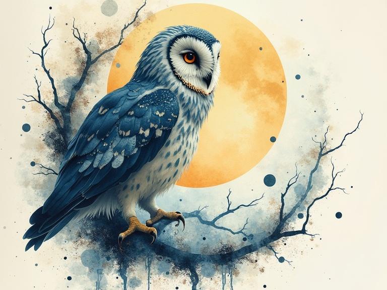 Owl rests against a full moon in soft blue hues. Watercolor style inspires delicate detail and expressive splash effects. Surrounded by serene white space with a touch of chaos. Intricate textures evoke nature's mystique. Artistic blend of chaos and beauty in a surreal setting.