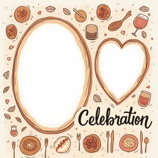 Hand-drawn style photo collage features warm dinner gathering theme. Large oval frame is in upper left area and a smaller heart-shaped frame is in bottom right. Background includes sketches of dishes, cutlery, and wine glasses in earth tones. Hand-lettered text reads 'Celebration.' Overall design feels casual and celebratory with pastel shading.