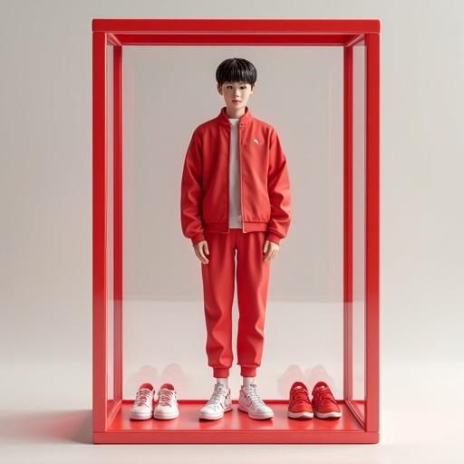 Photorealistic image of a transparent plastic box with a boy inside. Boy displays youthful charm with delicate features and a slender frame. He wears a fitted school uniform emphasizing athleticism. Accessories like clothes and shoes are neatly arranged. The box is decorated with personal photos reflecting his daily life. Soft red and white tones with soft lighting enhance the presentation.