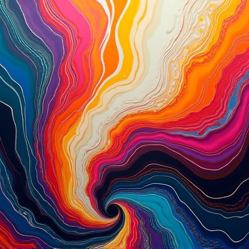Abstract composition with fluid motion. Colorful spikes and swirls intermingling in a dynamic style. A vibrant display of colors twisting in a spiral pattern.