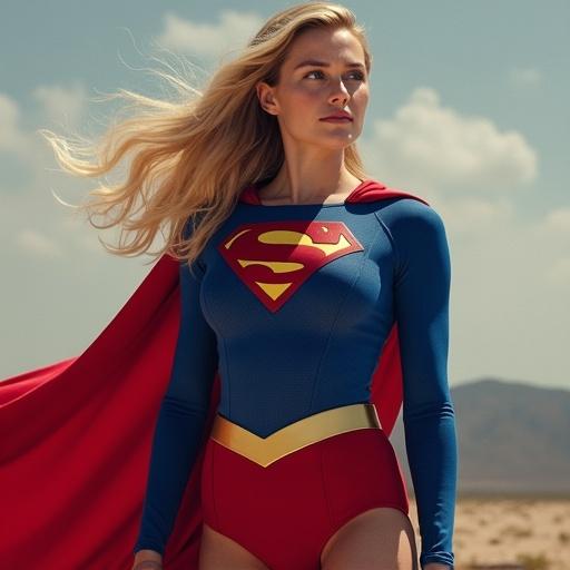 Supergirl in a superhero costume with a cape. Bright colors and a strong pose. Background showcases a different environment. Emphasis on strength and heroism.