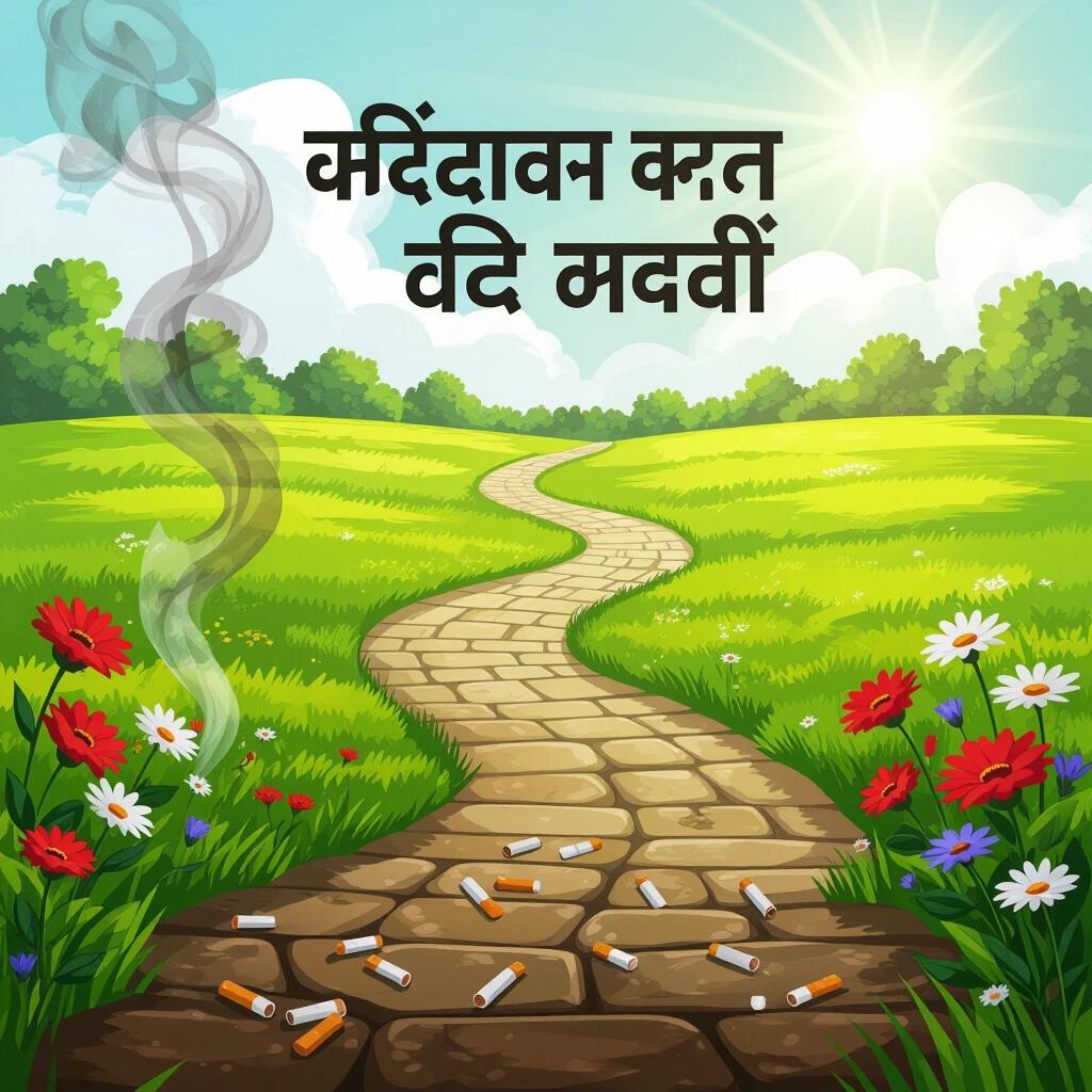 Inspirational book cover image depicting a metaphorical pathway. Path begins dark with cigarette butts and smoke. It leads into a bright green landscape. Fresh flowers bloom under the sun. Artwork in a stylized digital painting style. Mood is hopeful and motivational.