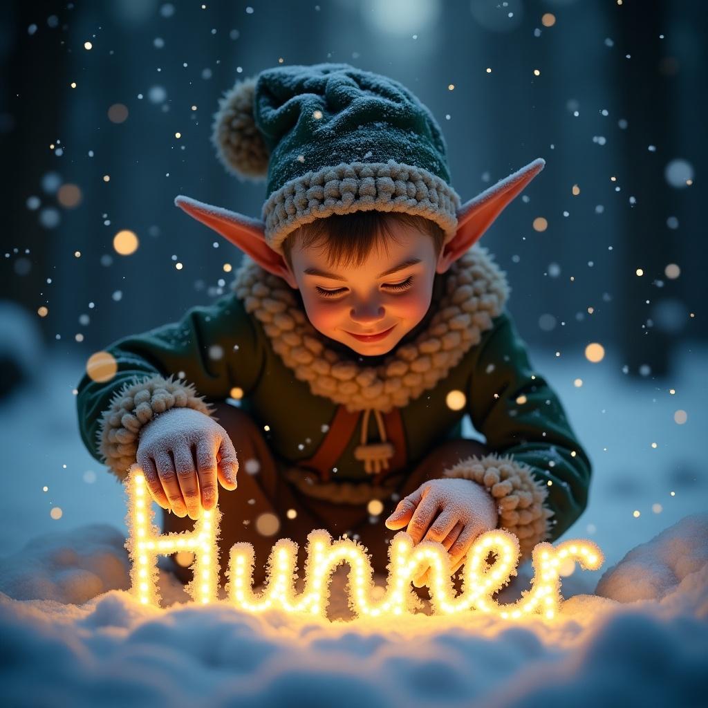 Elf character writing 'Hunner' in snow using lights. Softly falling snow adds a festive atmosphere. Warm lighting creates a magical feel.