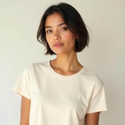 High resolution photorealistic portrait of a Latina woman with neck-length hair. She is wearing a cream T-shirt. The image shows her head and chest. The subject is centered with a frontal view. Natural expression and warm medium complexion are visible. Simple background and soft lighting highlight features. Sharp details and realistic skin tones present.