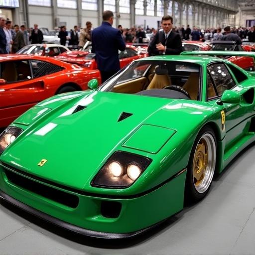 Ferrari F40 painted in green displayed at a car show among other vehicles
