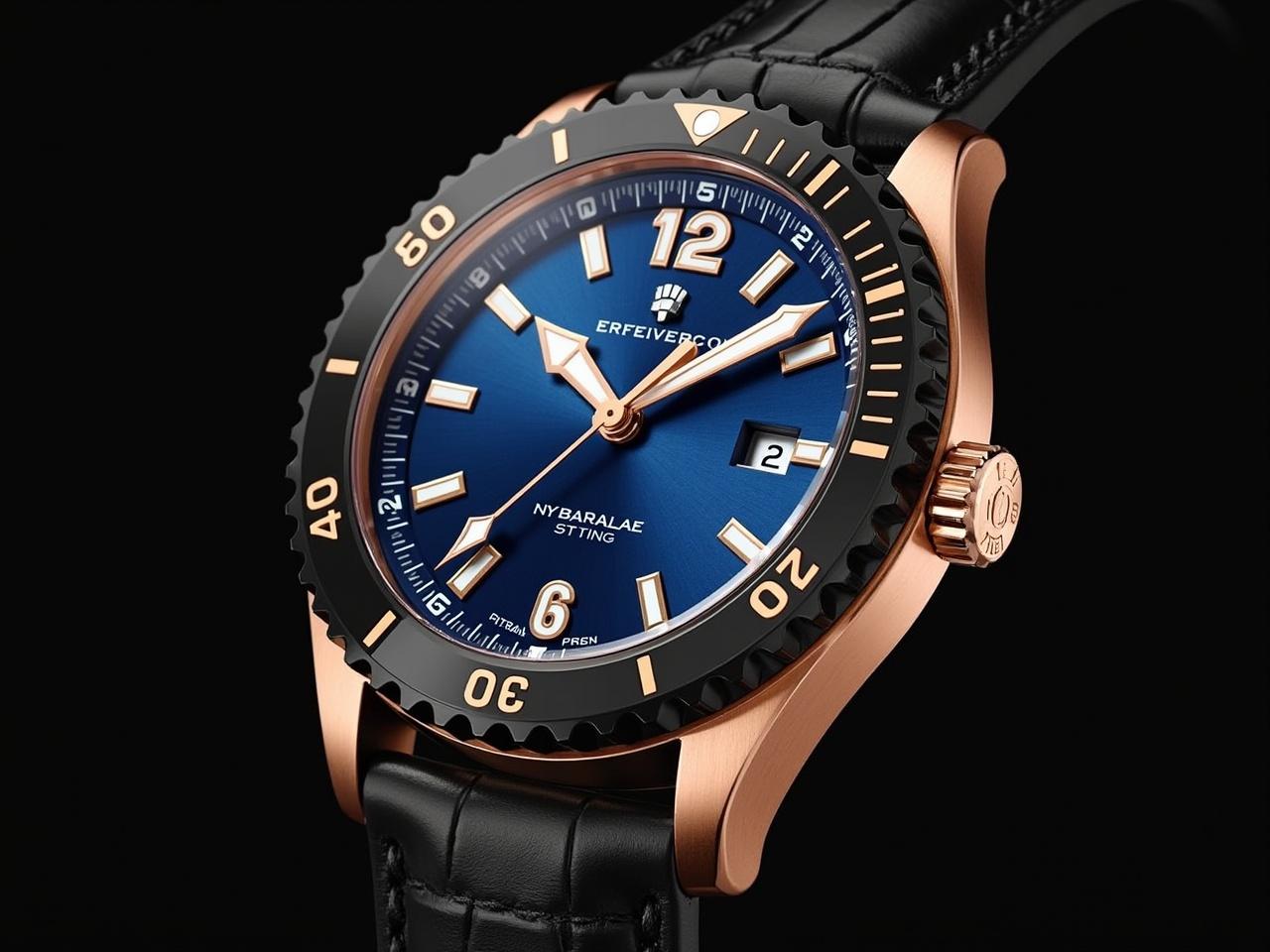 This image showcases a luxury watch with a striking design. The watch features a blue dial adorned with large white markers for easy readability. It has a distinctive black bezel with marked numbers, enhancing its sporty look. The case is crafted in a rose gold tone, adding a touch of elegance. The strap is made from black leather, which complements the overall aesthetic perfectly. Additionally, there is a date window at the bottom right of the dial, providing functionality. The watch exudes a blend of sophistication and sportiness, making it suitable for various occasions.