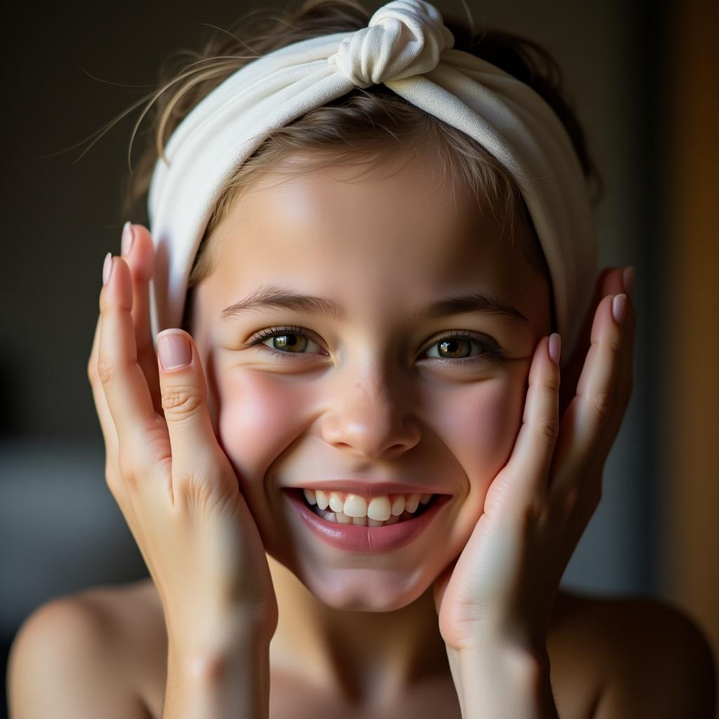 A young girl with a cheerful expression is wearing a soft headband. She has her hands gently placed on her face, showcasing her joy and innocence. The setting has natural light that illuminates her features, creating a warm atmosphere. Her smile is wide, and her eyes sparkle with happiness. This image captures the essence of childhood joy and beauty in a simple yet striking manner.