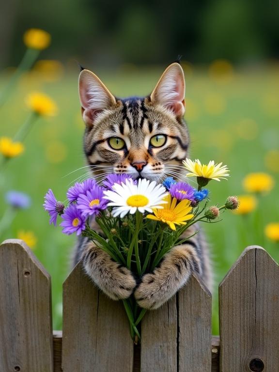 A domestic tabby cat stands on hind legs behind a wooden fence holding a bouquet of wildflowers. The cat has a classic tabby pattern with shades of brown, black, and grey. Its bright yellow-green eyes gaze at the viewer. The bouquet includes white daisies, purple globe amaranths, blue cornflowers, and yellow wildflowers. The background features a lush green meadow and trees.
