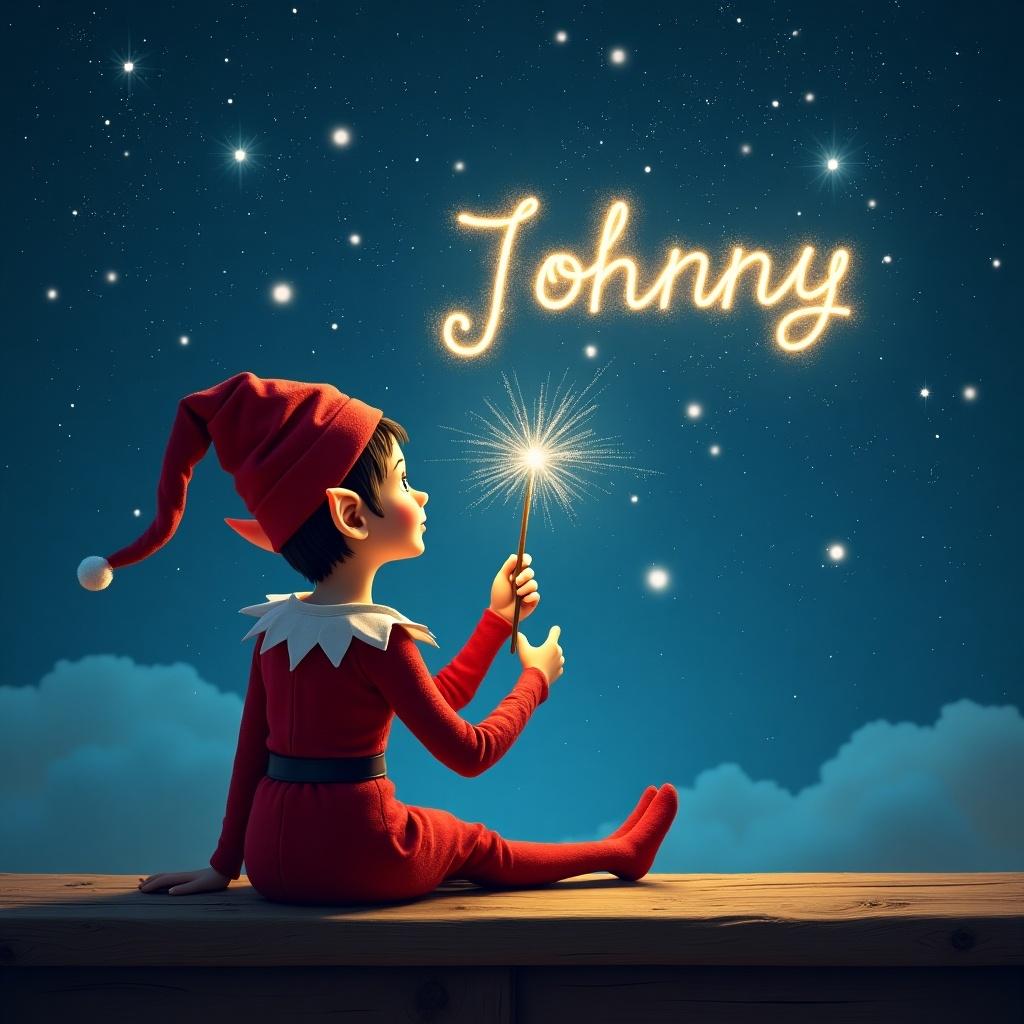 An elf sits on a wooden ledge, gazing thoughtfully at the enchanting night sky. Dressed in festive red attire with a pointed hat, the elf holds a sparkling wand. With a wave of the wand, the elf creates the name 'Johnny' in the stars above. The starry sky is filled with twinkling lights, adding a magical touch to the scene. This whimsical moment captures the spirit of imagination and wonder. Overall, it evokes feelings of joy and magic associated with childhood and the holiday season.