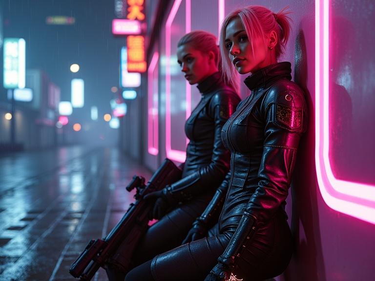 Hyper-realistic cinematic portrait featuring cyber-enhanced bounty hunters in a futuristic city. Two figures with neon-lit clothing and high-tech weapons in a rainy urban environment. Dramatic visuals evoke a gritty atmosphere inspired by Blade Runner.