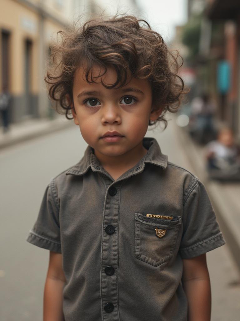 A boy stands in an urban street. He wears a gray button-up shirt with a pocket. The background includes blurred people and buildings. Natural light illuminates the scene.