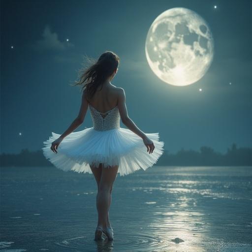 A star dancer wears a white tutu. Background is a moonlit lake. The moon reflects on the lake. The dancer looks up at the moon. Realistic style