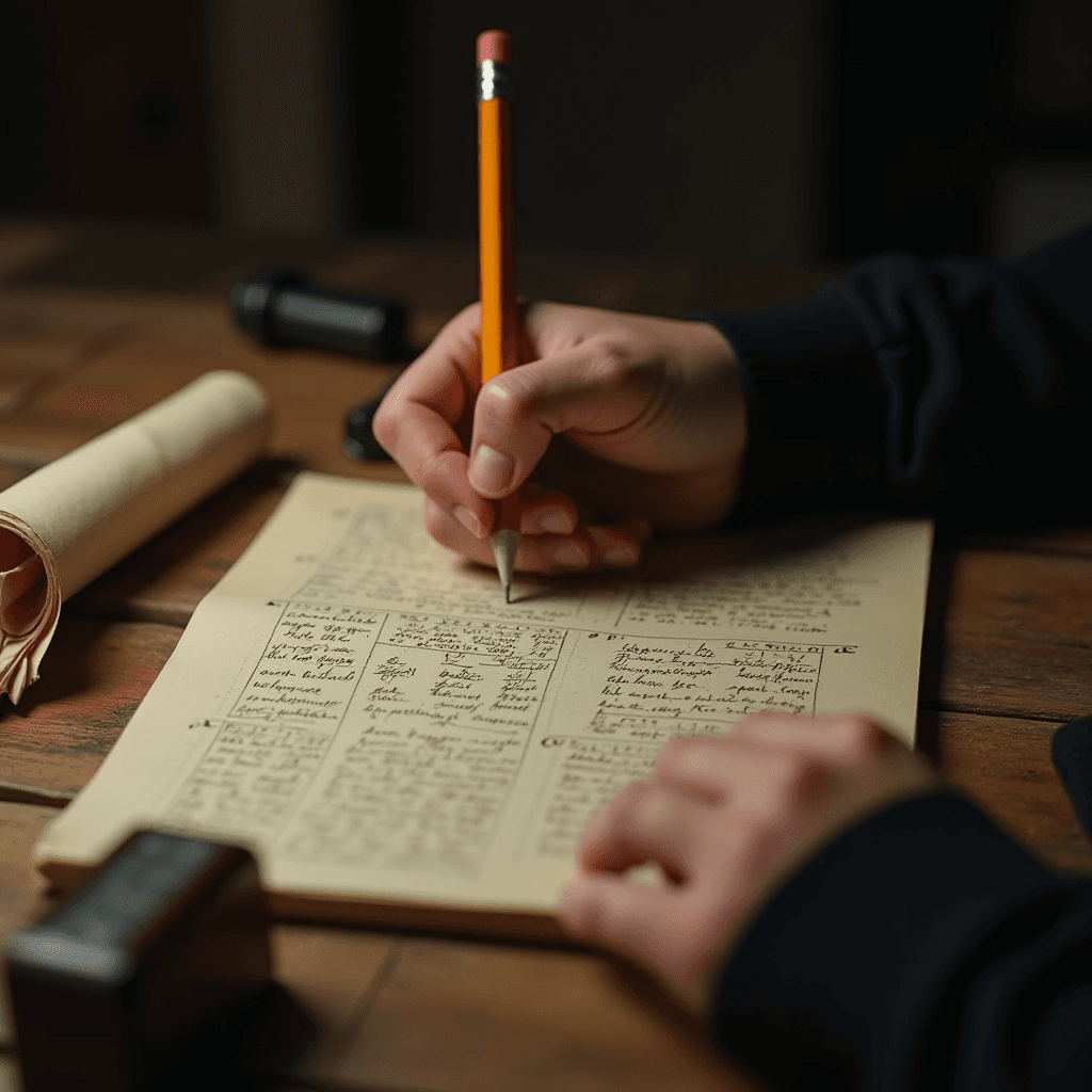 The image captures a close-up view of a person's hand as they write in a notebook. The notebook is open on a wooden table, displaying handwritten notes divided into sections. The person is using a yellow pencil with an eraser on top, focusing intently on their writing. There is a scroll and a seal or stamp nearby, adding an element of historical or official context. The lighting is warm and intimate, creating a sense of concentration and introspection.