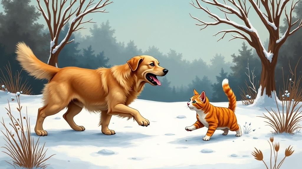 Golden retriever looks excited chasing a cat in a snowy garden. Style resembles a surrealist painter. Background features trees and snow. Animals display joyful expressions.