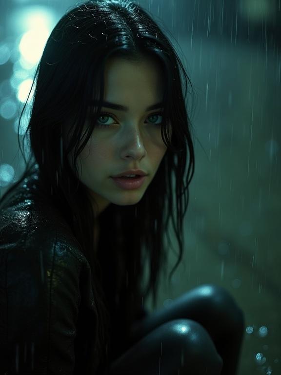 Pinhole style photograph showing a woman with rich black hair and vibrant dark teal eyes. She sits beside her in the rain on the floor. The scene captures heavy rainfall at night with low light. The image has a shallow depth of field and is taken from below looking down.