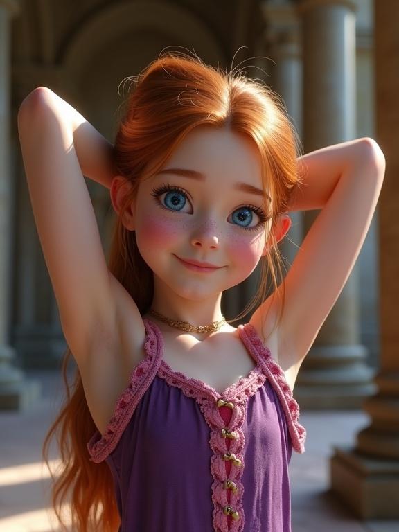 Photorealistic tween girl with auburn ponytail. She poses in a medieval monastery. Girl has a pleasant expression. Freckles add charm to her face. Dress is purple and pink. Arms are behind her head. Depth of field highlights her features. Background shows ornate architecture.