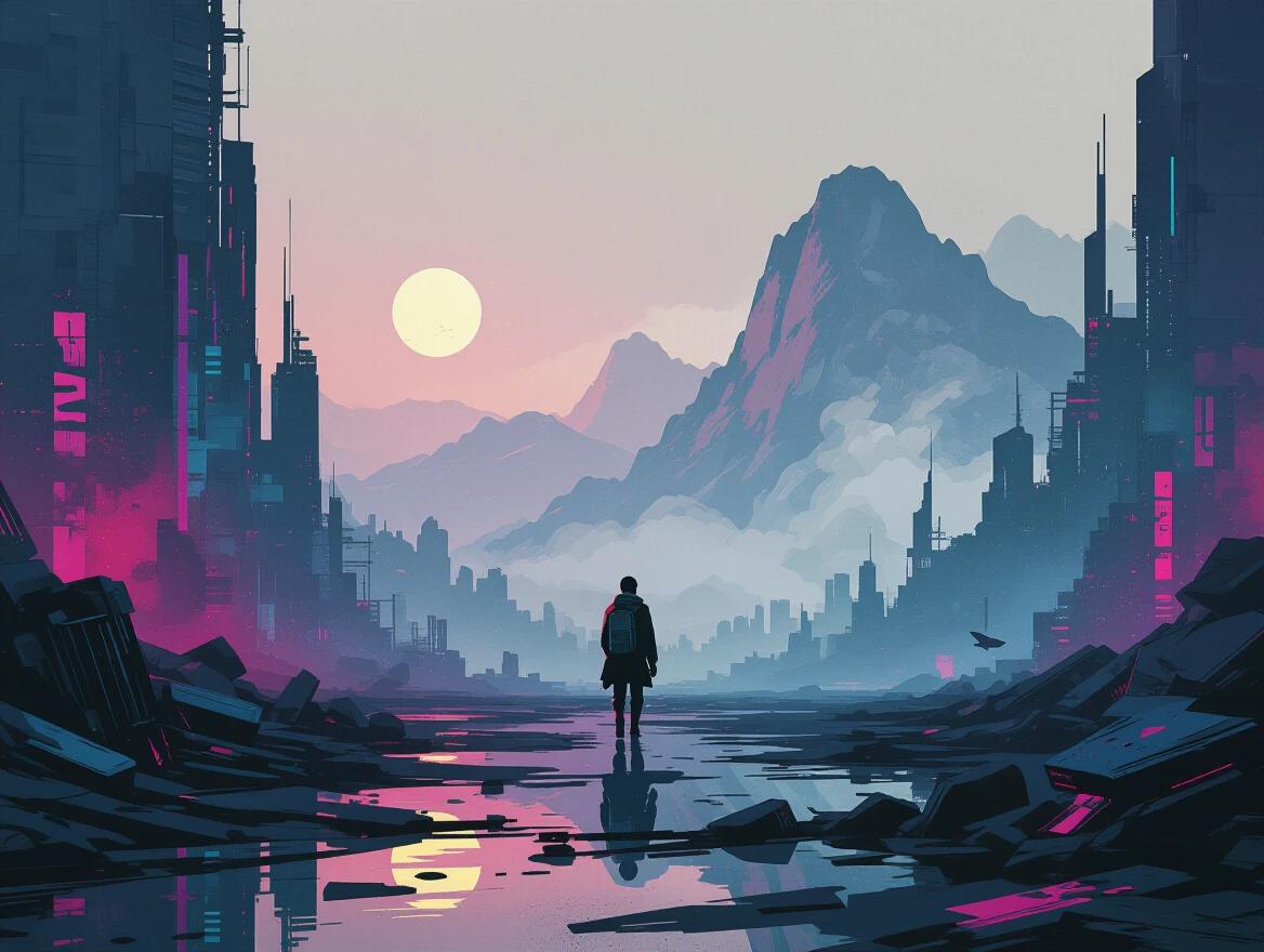 Surreal dreamscape featuring gritty cyberpunk foreground with neon-lit debris. Midground showcases a lone traveler depicted in gouache. Background is a misty landscape with abstract mountain silhouettes and splatter effects. Highly stylized fusion with cinematic depth and color separation.