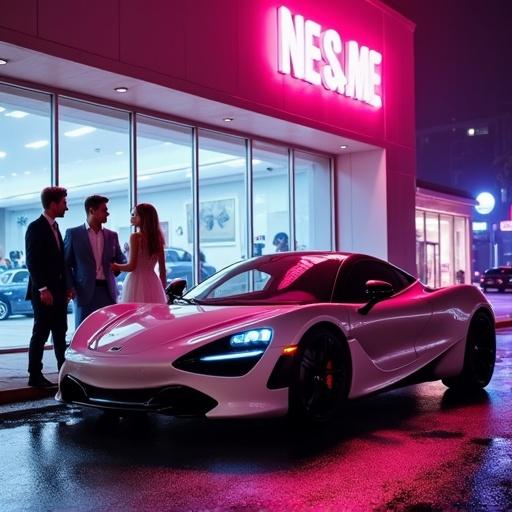 A group of three people stands outside a building at night. A light-colored sports car is parked in front. Figures are engaged and dressed formally. Vibrant neon pink and purple lights illuminate the scene. The atmosphere is energetic and slightly mysterious. Wet pavement reflects the lights. The setting appears modern.