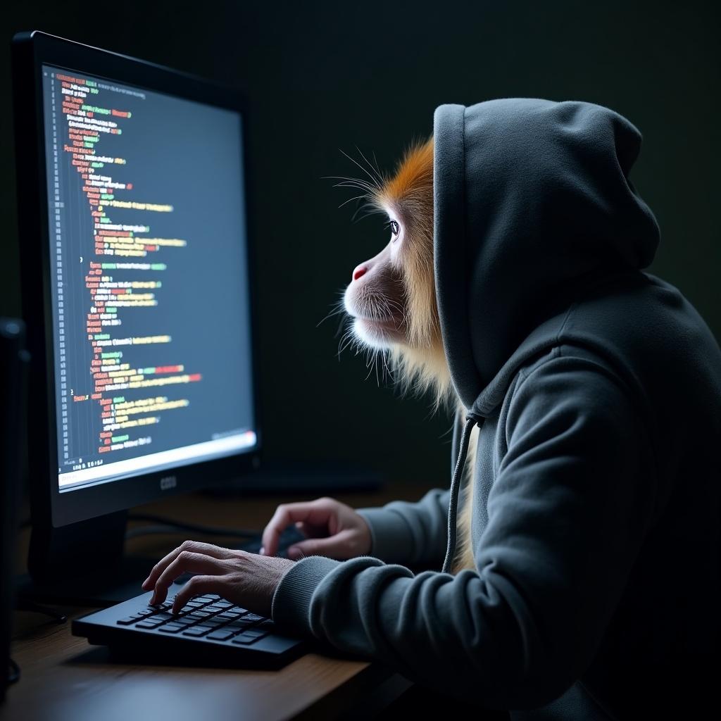 A monkey, dressed in a cozy hoodie, is intently focused on a computer. The glow of the screen illuminates its face, highlighting its curious expression. The monitor displays lines of colorful code, suggesting the monkey is coding or learning programming. The setting is dimly lit, creating a techy atmosphere. This image blends humor with tech culture, showcasing a whimsical take on the world of programming and technology.