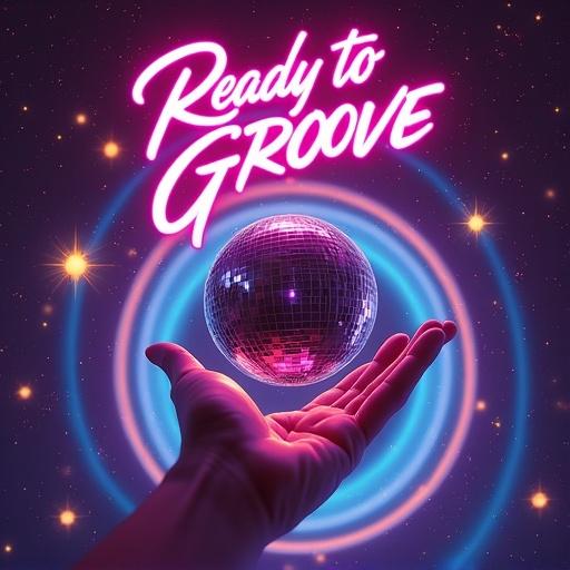 A disco ball floats in a galaxy. Neon lights beam in purple, blue, and pink. Stars twinkle like sound particles. Title ‘Ready to Groove’ in bold typography glows with a gradient. Scene captures interstellar funk energy. A hand holds a disco ball in sparkling golden lights. Color palette has dark purple and sky blue tones. Soft neon accents complement main colors.