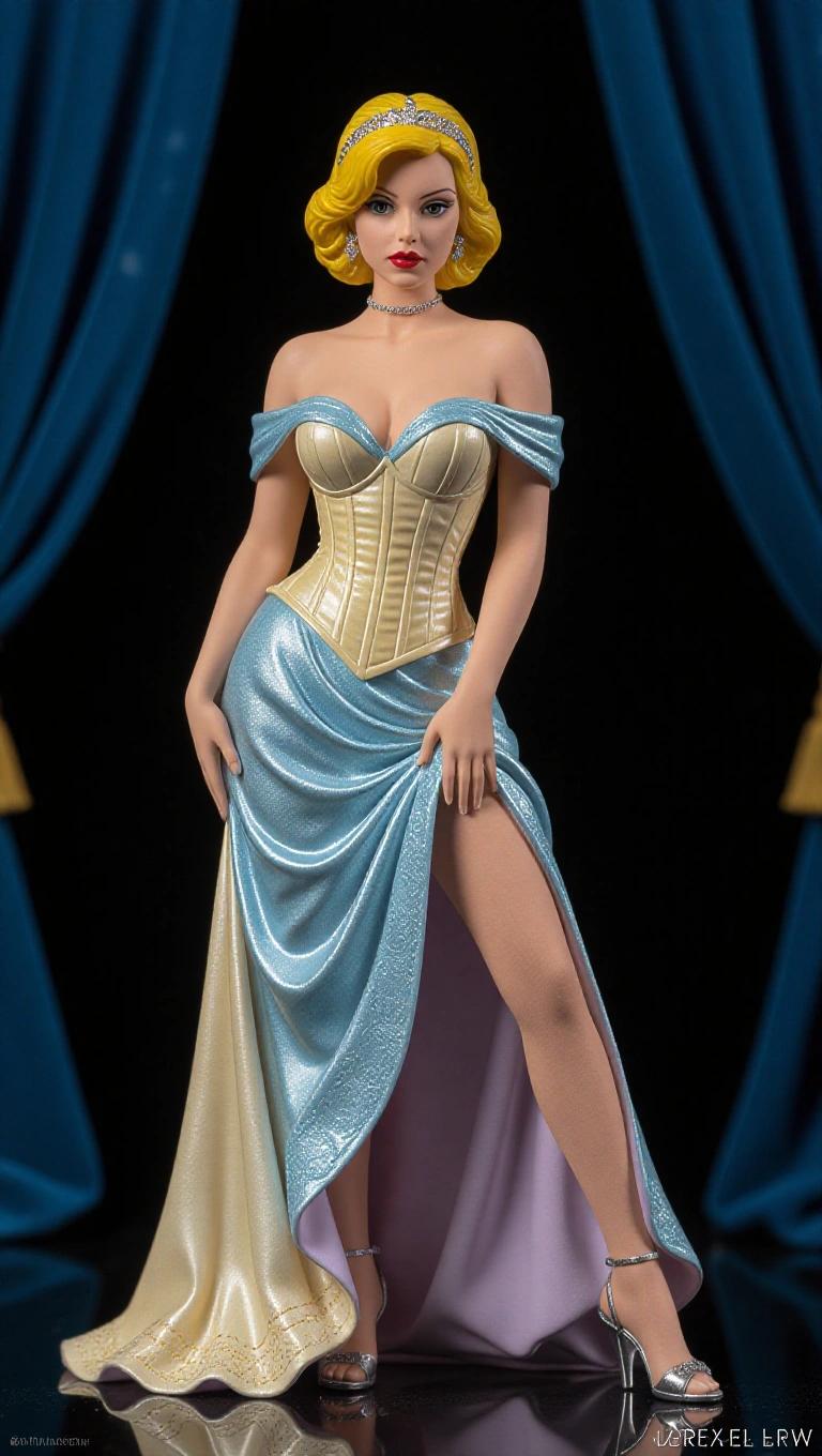 An ultra-detailed resin figure based on Cinderella. A sensual and elegant woman with soft skin and a provocative expression. One leg forward, torso slightly turned. One hand on thigh, the other playing with a falling strap. Gaze directed at the viewer. Wears a shimmering corset in ivory and pale blue. Skirt is short in front, longer in back made of ripped tulle. Holds stockings with visible garter belt. Embellished high heels. Long wavy hair with a subtle tiara. Stands on a base with crystalline flowers and a ruined structure. Fully connected design suitable for resin printing.