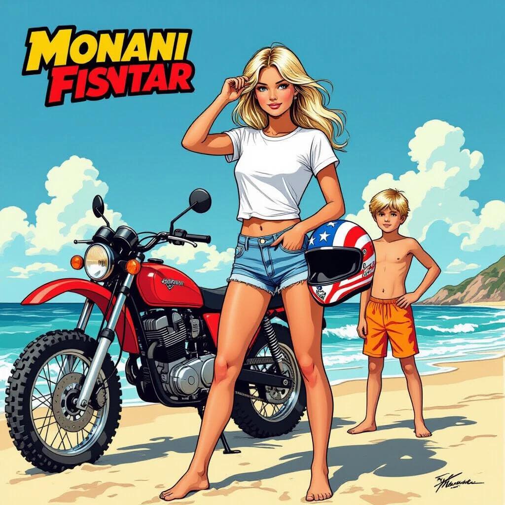 A blonde girl stands at the beach beside an off-road motorcycle. She wears a white t-shirt and short jeans. One hand strokes through her hair while the other carries a helmet. The helmet features stars and stripes. A boy stands nearby wearing orange shorts with one hand on his hips. The beach setting is colorful and cheerful.