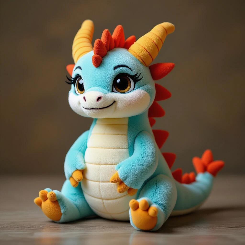 Image depicting a plush toy of a dragon named Drauko. The dragon is sitting upright with its tail curled forward. The body is symmetrical with robust hind legs and visible claws. The dragon has a long snout, a serious expression, and almond-shaped eyes. Its long, straight horns curve slightly backward. The dorsal spikes and crests are dark red. The large wings are extended with structured phalanges and have red interiors. The fabric is a soft, velvety type with a quilted texture. The dragon's eyes are embroidered with bright orange irises. The claws are short and defined in a warm black color. The photo is shot from a frontal angle with soft studio lighting against a neutral white background. Overall, the image reflects an editorial product shot.