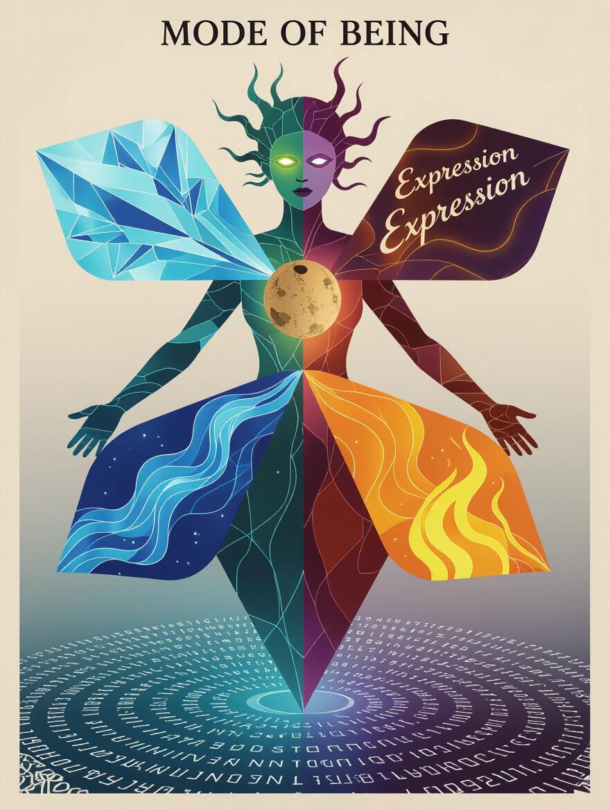 A four-sided figure representing different Modes of Being. Each side shows a distinct expression: crystalline for Structure, flowing for Expression, light for Affect, and flame for Drive. A hollow sphere orbits within her chest, changing colors. The figure hovers over a field of glyphs.