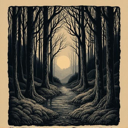 Image features a dark forest with tall trees surrounding a calm river under a full moon. The style mimics a woodcut used in old journals. The scene is serene yet slightly eerie, showcasing shadowy outlines and soft textures in muted tones.
