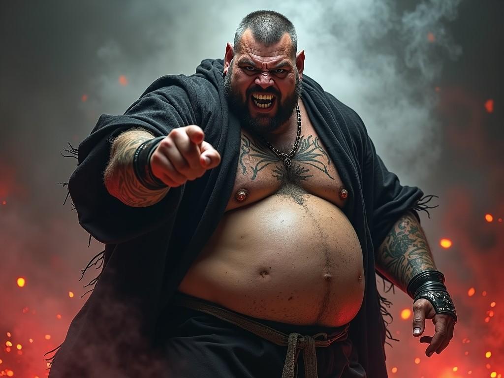 The image features a muscular, tattooed man with an intense expression, pointing directly at the viewer. He's dressed in a black robe with a smoky, fiery background that enhances the dramatic effect. The man's menacing stance and the surrounding flames convey a sense of power and aggression.