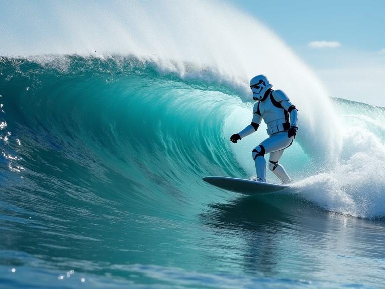 Stormtrooper surfing on ocean waves. Giant barrel waves crash with bright color.
