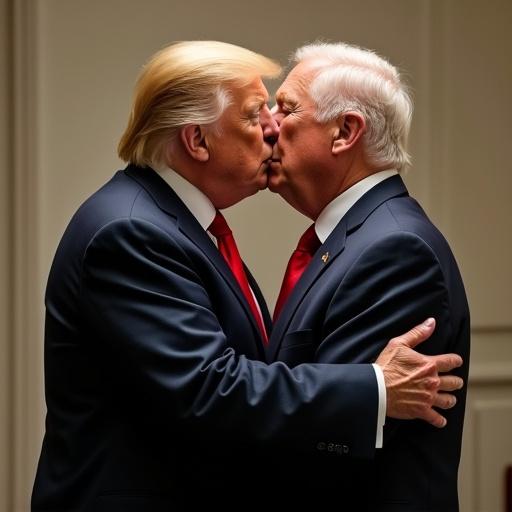 Donald Trump and Elon Musk share a hug and kiss in a playful scene
