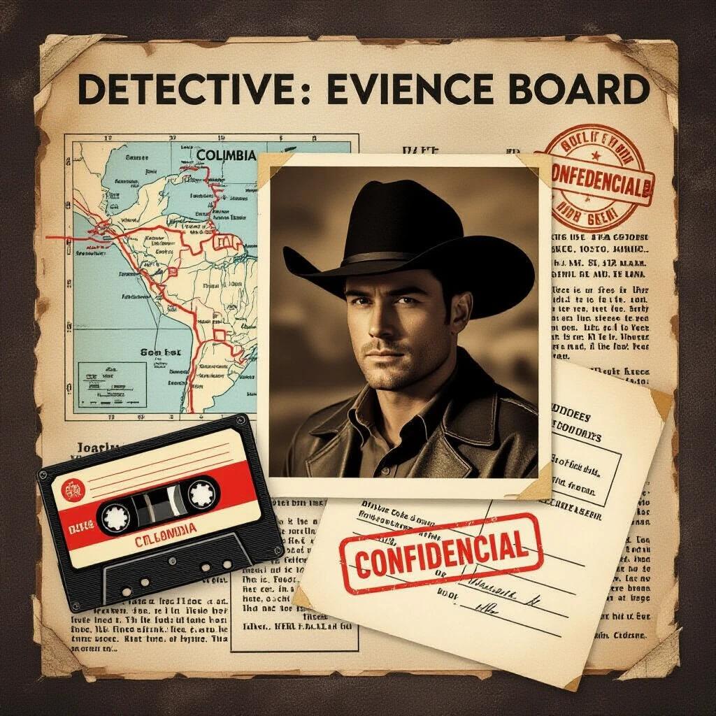 Flat lay composition depicts a detective's evidence board. Central photograph features a man wearing a black cowboy hat. Surrounding items include a vintage map of Colombia marked with red lines, a cassette tape, and parts of a confidential document. Overall aesthetic embraces a gritty, documentary style from the 1980s with a warm desaturated color palette.