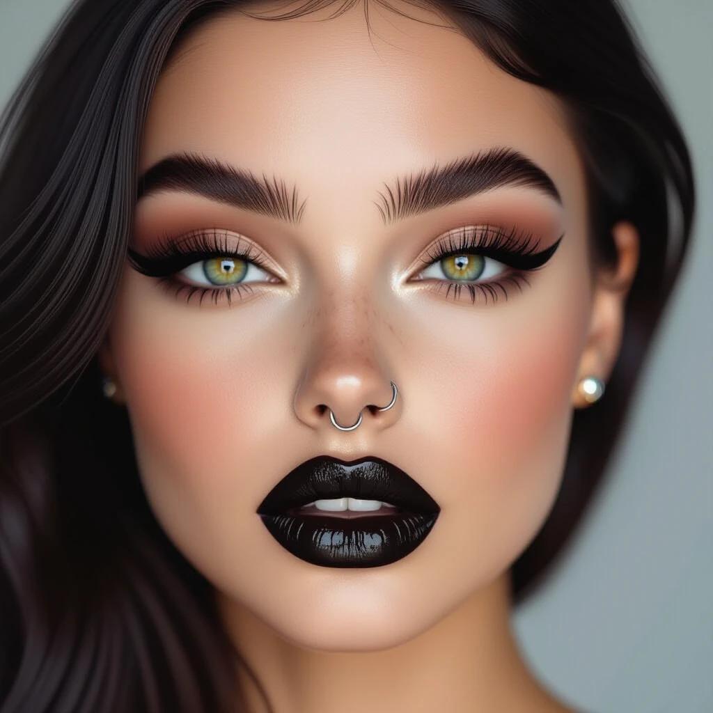 Realistic full-face portrait of young gothic woman with soft rounded face. Very full plump lips coated in glossy black lipstick. Bright black eyes framed by extremely long voluminous eyelashes bold black eyeliner and dark smoky eyeshadow. Nose piercing. Smooth pale complexion with brown henna freckles. Long dark hair flowing naturally. Forehead visible. Face fully visible from front with soft frontal lighting and plain neutral background. Realistic and highly detailed.