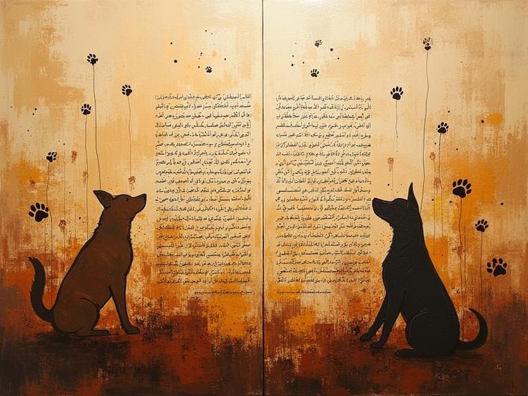 An expressive abstract painting merges Quranic text, silhouettes of praying dogs, floating arithmetic symbols, and dog paw prints. Warm brown colors dominate the artwork.