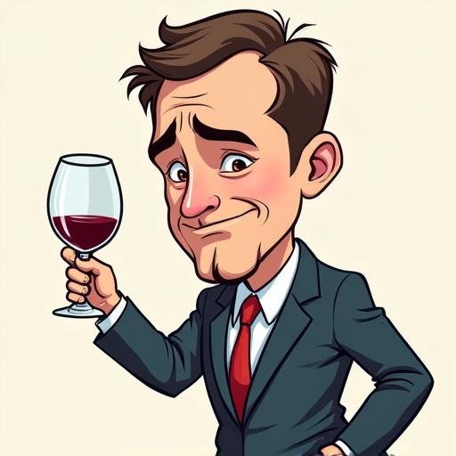 A caricature illustration shows a man in a suit holding an empty wine glass. The style is whimsical with bold lines and simplified forms. The character exhibits a sad expression.