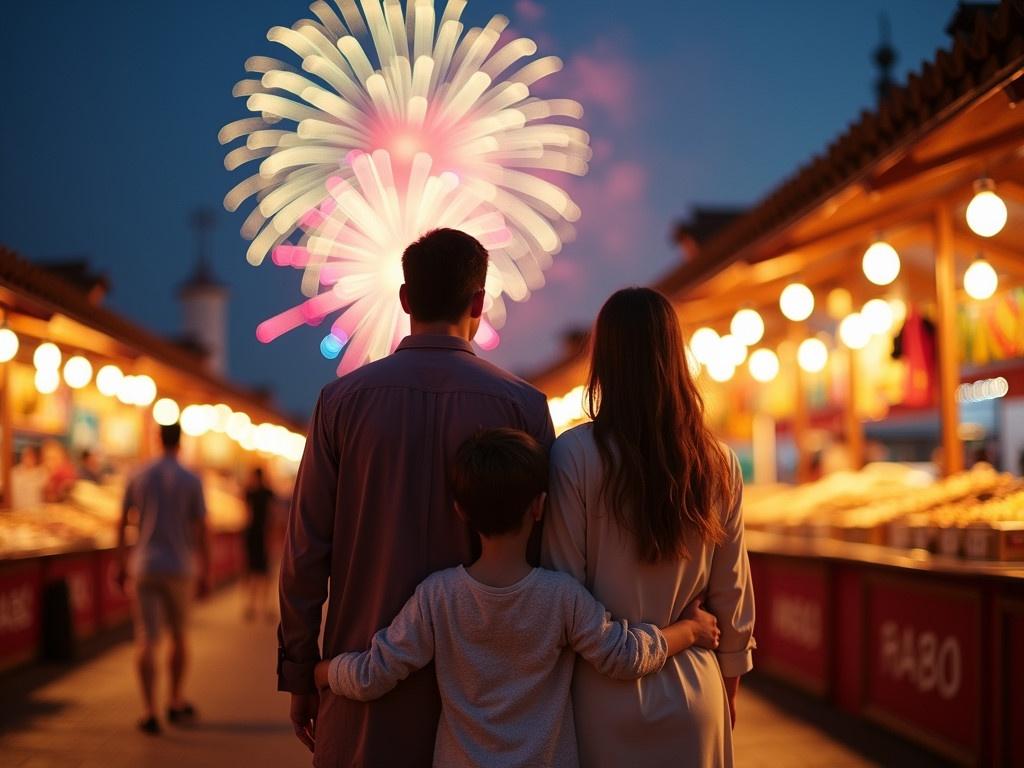 The image shows a family celebrating together at a festive outdoor market. They are standing closely, enjoying the vibrant atmosphere, with colorful fireworks bursting in the sky behind them. The parents are dressed in traditional attire, and the two children are wearing light-colored clothing. The market stalls are illuminated with warm lights, adding to the festive mood. This scene conveys a sense of joy and togetherness during a special occasion.