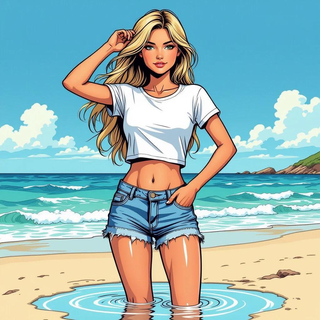 This image depicts a girl standing in shallow water on a beach. Girl has long blonde hair. She's wearing a white cropped t-shirt and frayed blue shorts. One hand is in her hair and the other hand on her hip. Bright sunny day is visible with a blue sea in the background.