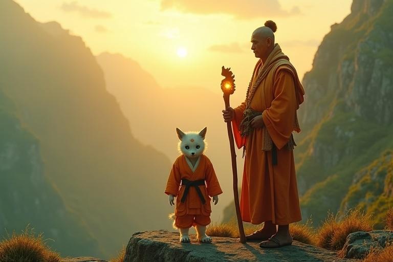 An ultra-HD 4K cinematic scene in 16:9. Mountain peak during sunrise gives golden light. Mahaguru in orange-white robes stands calmly with glowing staff. Kittuu beside him wears light red karate gi with black belt. Kittuu has white fur and emerald-green eyes with a golden mark on his forehead. Scenic vibrancy includes golds greens and oranges with hyper-detailed textures.