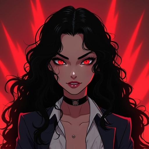 A seductive demon politician exudes confidence. Character has long black curly hair and wears a stylish outfit. The setting showcases a dramatic atmosphere with powerful red accents. The character's expression reflects cunning and charm. 