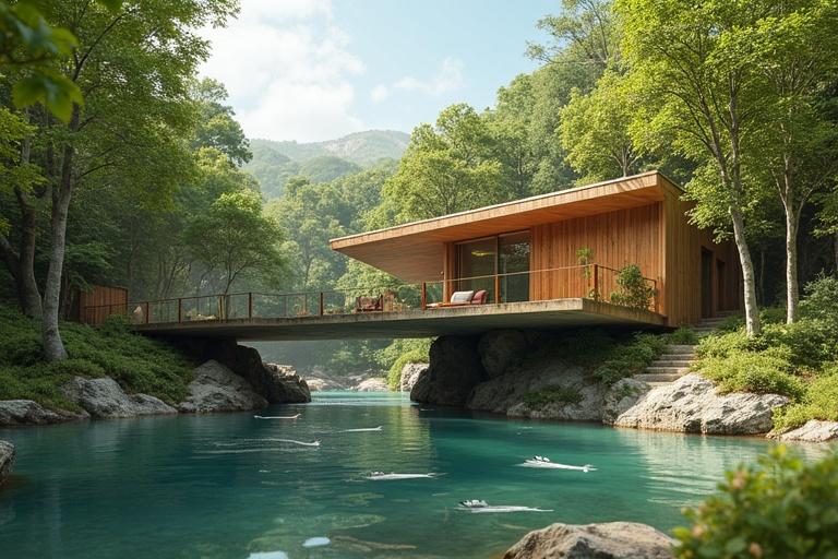 A modern wooden house sits on a bridge over a clear blue river surrounded by trees. The scene captures tranquility and harmony with nature. Bright sunlight illuminates the area, creating a warm atmosphere.
