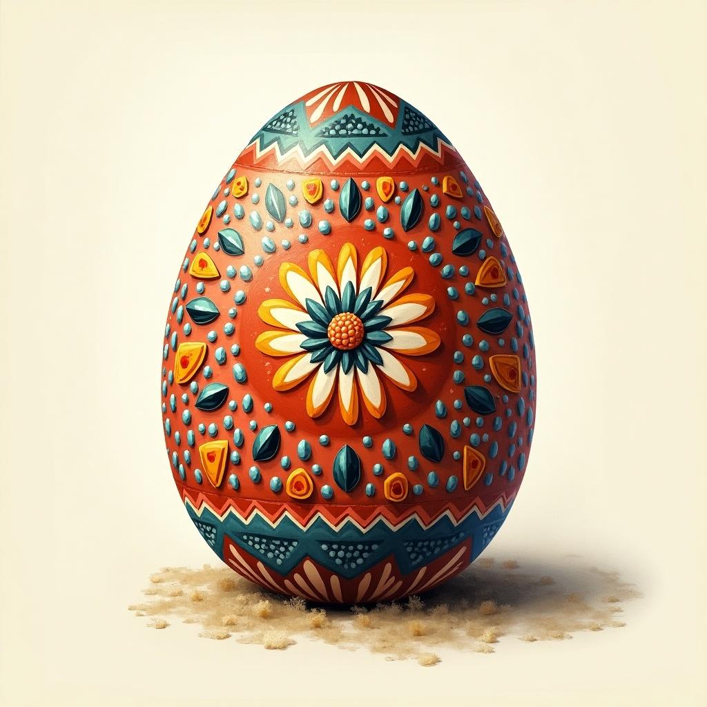 Colorful egg with intricate floral patterns. Egg is decorated with vibrant colors and shapes. Soft shadows enhance details. Positioned on a neutral background. Shows art inspiration.